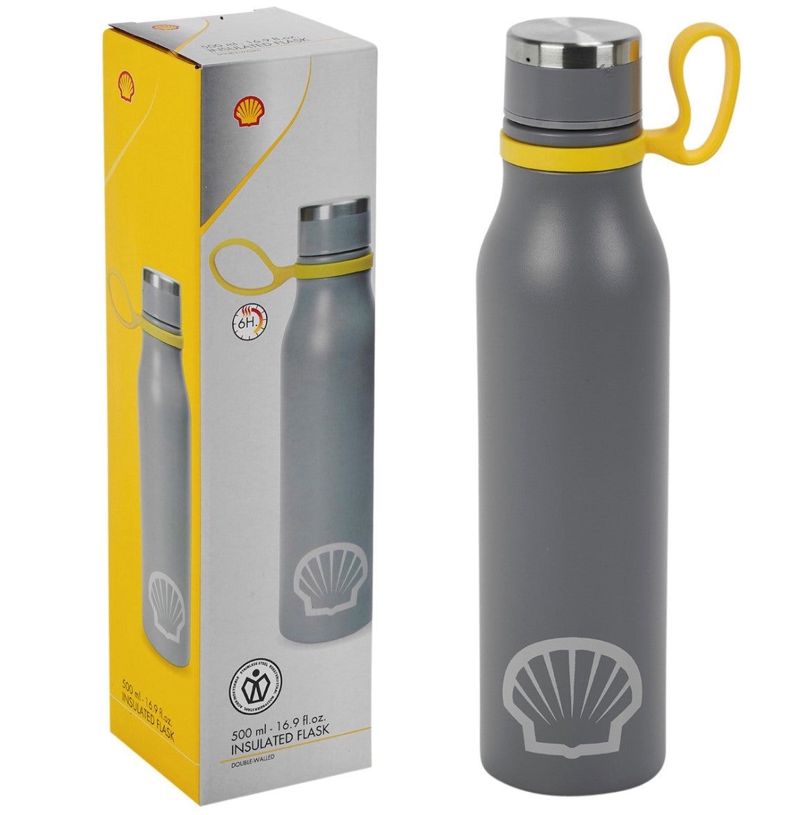 Sticla de apa termica, SHELL, 500 ml, maner, reutilizabila, portabila, gri/galben Sticla de apa termica, SHELL, 500 ml, maner, reutilizabila, portabila, gri/galben